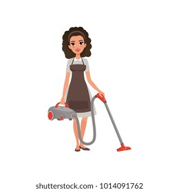 Cartoon character of hotel maid with vacuum cleaner. Young curly-haired girl in dress and apron. House cleaning service. Professional at work. Flat vector design
