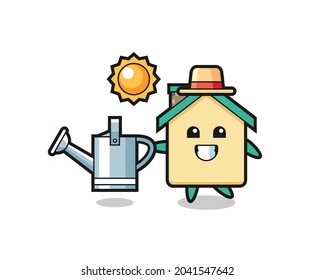 Cartoon character of house holding watering can , cute design