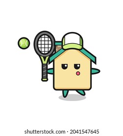 Cartoon character of house as a tennis player , cute design