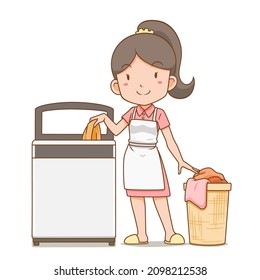 Cartoon character of housekeeper putting clothes in the washing machine.