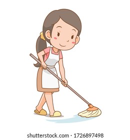 Cartoon character of housewife cleaning the floor.