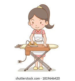 Cartoon character of housewife ironing the clothes on ironing board.