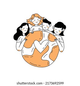 Cartoon character hugging the globe and care about the earth hand drawn outline illustration in doodle style isolated on white background with yellow colour.Group of people for world humanitarian day.