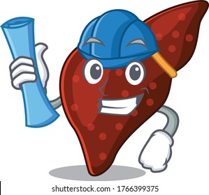 Cartoon character of human cirrhosis liver brainy Architect with blue prints and blue helmet
