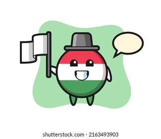 Cartoon character of hungary flag badge holding a flag , cute style design for t shirt, sticker, logo element