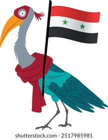 A cartoon character of an ibis wearing an Egyptian scribes outfit, holding the Egypt flag 