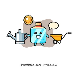 Cartoon character of ice cube holding watering can, cute style design for t shirt, sticker, logo element