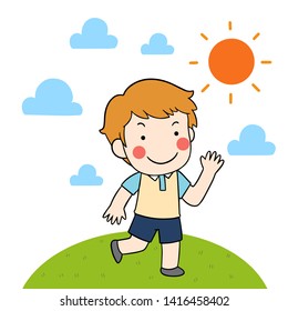 cartoon character illustration boy walk lift 
vector image isolated White background 