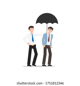 Cartoon character illustration of business friend helping each other. Business man giving umbrella. Flat design concept isolated on white background.