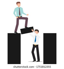 Cartoon character illustration of business friend helping each other. Business man holding the bridge while another business man crossing. Flat design concept isolated on white background.