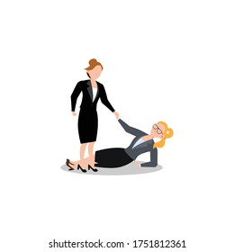 Cartoon character illustration of business friend helping each other. Business woman giving hand to help another business woman who fall down. Flat design concept isolated on white background.