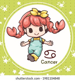 Cartoon character illustration, Cute cartoon cancer, About the zodiac horoscopes, Kawaii design style, They are great for decoration or as part of a design.