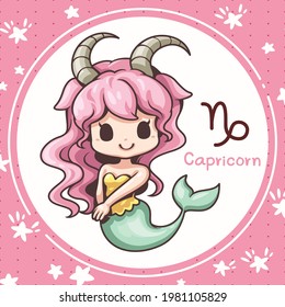 Ilustración de caricaturas, Cute caricatura capricornio, Acerca de los horóscopos zodiac, estilo de diseño Kawaii, Son geniales para la decoración o como parte de un diseño.