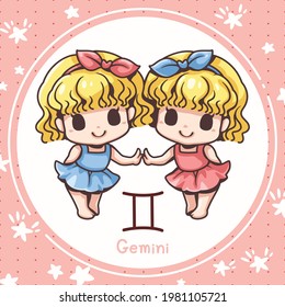 Cartoon character illustration, Cute cartoon gemini, About the zodiac horoscopes, Kawaii design style, They are great for decoration or as part of a design.