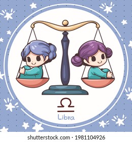 Cartoon character illustration, Cute cartoon libra, About the zodiac horoscopes, Kawaii design style, They are great for decoration or as part of a design.