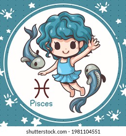 Cartoon character illustration, Cute cartoon pisces, About the zodiac horoscopes, Kawaii design style, They are great for decoration or as part of a design.