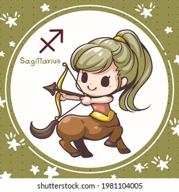 Ilustración de caricaturas, Cute caricatura sagittarius, Acerca de los horóscopos zodiac, estilo de diseño Kawaii, Son geniales para la decoración o como parte de un diseño.