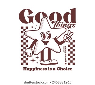 cartoon character illustration of Cute Star Vector Character retro, design graphic for t shirt, streetwear and urban style