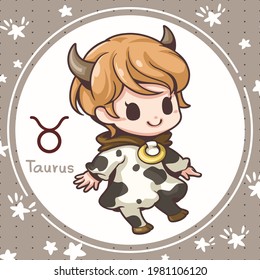 Ilustración de personajes de caricatura, Cute caricatura taurus, Acerca de los horóscopos de zodiac, estilo de diseño Kawaii, Son geniales para la decoración o como parte de un diseño.