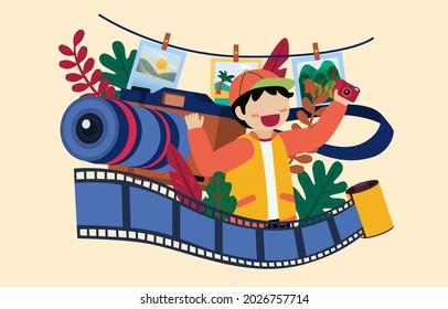 Cartoon Character Illustration design of photographer and logo element with capture of the moment by camera concept