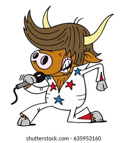 Cartoon character illustration of Elvis impersonator singing cow