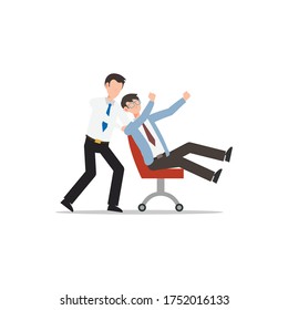 Cartoon character illustration of employee staff workers at office playing together, pushing chair. Flat design isolated on white background. Can be used for websites, web design, mobile app.
