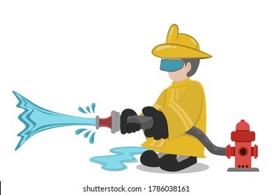 Cartoon character illustration Firefighters wear dark-colored clothing that sprays water that runs from the weter pipe.