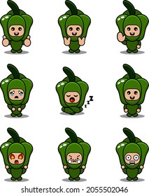 cartoon character illustration green pepper mascot costume vector cute expression set