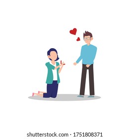 Cartoon character illustration of happy couple and lover. Marriage proposal from girlfriend to boyfriend. Woman kneeling to give man a diamond ring. Can be used for websites, web design, mobile app.