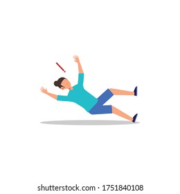 Cartoon character illustration of human action poses postures. Flat design of young man slipping and falling concept isolated on white background. Can be used for websites, web design, mobile app.