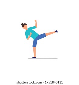 Cartoon character illustration of human action poses postures. Flat design of young man kicking concept isolated on white background. Can be used for websites, web design, mobile app.