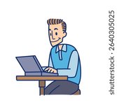 Cartoon character illustration of a man in a blue shirt facing a laptop on a small table with various activities and expressions on a white background