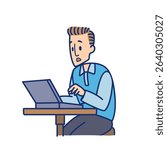 Cartoon character illustration of a man in a blue shirt facing a laptop on a small table with various activities and expressions on a white background