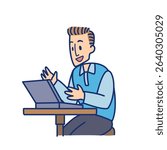 Cartoon character illustration of a man in a blue shirt facing a laptop on a small table with various activities and expressions on a white background