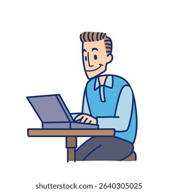 Cartoon character illustration of a man in a blue shirt facing a laptop on a small table with various activities and expressions on a white background