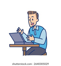 Cartoon character illustration of a man in a blue shirt facing a laptop on a small table with various activities and expressions on a white background