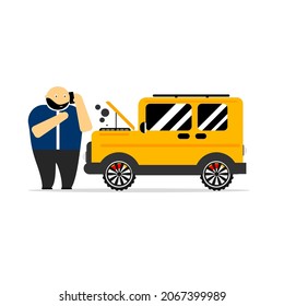 Cartoon character illustration, a man call for helping a broken car.