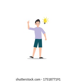 Cartoon character illustration of man thought. Flat design of young man thinking and getting new creative idea light bulb isolated on white background. Can be used for websites design, mobile app.