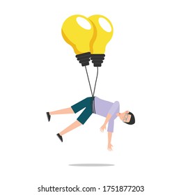 Cartoon character illustration of man thought. Flat design of young man flying with light bulbs balloon isolated on white background. Can be used for websites, web design, mobile app.