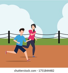 Cartoon character illustration of people healthy living relaxing wellness lifestyle. Flat design of young man and woman running together isolated on white background.