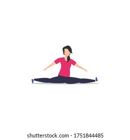 Cartoon character illustration of people healthy living relaxing wellness lifestyle. Flat design of young woman doing split on the ground isolated on white background.