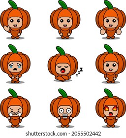 cartoon character illustration pumpkin mascot costume vector cute expression set