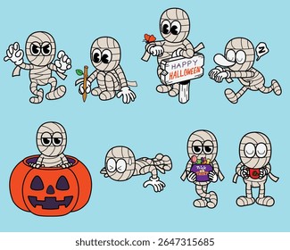 Cartoon character Illustration of a shroud monster retro cute sticker set Halloween horror