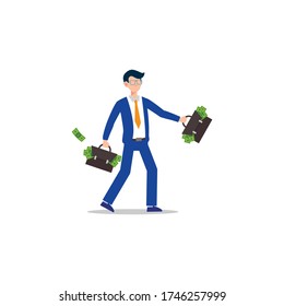 Cartoon character illustration of successful young business man with briefcase full of money. Flat design isolated on white. Can be used for websites, web design, mobile app.