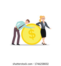 Cartoon character illustration of successful young business couple poses with a big coin. Flat design isolated on white background. Can be used for websites, web design, mobile app.