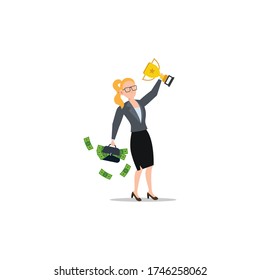 Cartoon character illustration of successful young business woman holding gold trophy and briefcase with full of money. Flat design isolated on white background. Can be used for websites, web design.