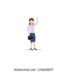 Cartoon character illustration of successful young business woman pointing hand finger up or showing one sign. Flat design isolated on white background. Can be used for websites, web design.