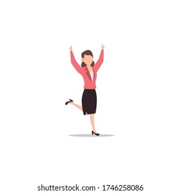 Cartoon character illustration of successful young business woman pointing hand finger up or showing one sign. Flat design isolated on white background.