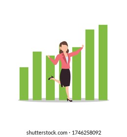 Cartoon character illustration of successful young business woman with success graph in green color. Flat design isolated on white background. Can be used for websites, web design, mobile app.