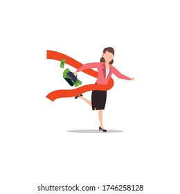 Cartoon character illustration of successful young business woman running through the finish line bringing briefcase with full money. Flat design isolated on white background.